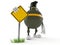 Hand grenade character with blank road sign