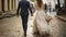 Hand in Hand, Heart to Heart. The Bride and Groom Embark on a Romantic Stroll Through the City Streets. Generative AI