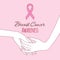 Hand in hand support. Breast cancer awareness pink ribbon, vector illustration