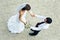 Hand in hands. top view of loving bride and groom