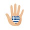 Hand with a heart shape and Greece flag. Vector icon.