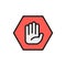 Hand in hexagon, do not touch, no sign allowed flat color line icon.