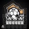 Hand hold ball in center of football goal net with text soccer. Sport logo for any football or soccer