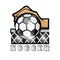 Hand hold ball in center of football goal net with text soccer. Sport logo for any football or soccer team