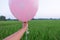 Hand hold blank pink white dots balloon mock up . Baloon mockup art design