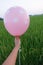 Hand hold blank pink white dots balloon mock up isolated. Baloon mockup art design. Pattern, logo,