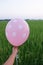 Hand hold blank pink white dots balloon mock up isolated. Baloon mockup art design. Pattern, logo,