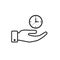 Hand hold a clock outline icon. Vector isolated time economy illustration