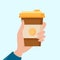 Hand hold cup of coffee. Beverage in disposable cup takeaway. Flat cartoon