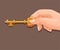 Hand hold golden key symbol for unlock door or chest treasure box concept in cartoon illustration vector