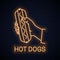 Hand hold hotdog neon banner. Male holding hot dog