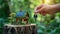 Hand Hold Key with Miniature House Model on a Tree Stump, Eco-Friendly House with Solar Panels and Lush Greenery on its Walls