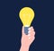 Hand hold lamp. Light bulb in hands, yellow lightbulb banner. Success thinking, new creativiti idea. Business innovation