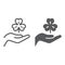 Hand hold lucky clover line and glyph icon, st patrick s day and holiday, hand holding clover sign, vector graphics, a