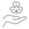 Hand hold lucky clover thin line icon, st patrick`s day and holiday, hand holding clover sign, vector graphics, a linear