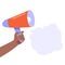 Hand hold megaphone with speech bubble. Copy space for advertising information.