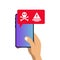 Hand hold mobile phone with virus notification illustration design