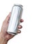 Hand hold mockup shiny aluminum slim can isolated on white background with clipping path