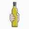 Hand hold olive oil. Male holding olive oil bottle