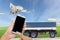 hand hold smart phone with airplane in the sky and Truck for transportation blue sky background,concept business transportation