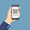 Hand hold smart phone with coupon QR code on screen, flat illustration