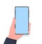 Hand hold smatphone with clear and empty screen. Phone mockup for web, banner or other. Social network communication on mobile app