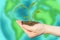 Hand hold a sprout with the earth on the background of a blurred image of the planet Earth.