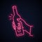 Hand hold wine bottle neon sign. Male hand holding