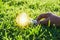 hand holdging light bulb on grass with solar energy. power eco c