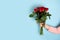 Hand holding Beautiful big bouquet of red roses light blue background. Trendy poster for Valentines Day, International