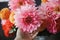 Hand holding beautiful pink dahlia in metal bucket with colorful flowers on dark background. Autumn flowers bouquet. Autumn season