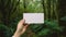 hand holding blank white card against rainforest background