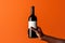 Hand holding a blank wine label, mock up style. AI Generated