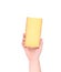 Hand holding block of parmesan cheese.