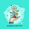 Hand holding blooming plant with dollar coin instead of leaves. Business growth, development strategy, increase in
