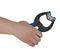 A hand holding blue clamp with coins