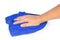 Hand holding a blue cleaning rag isolated on white