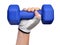 Hand holding blue fitness dumbbell