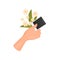 Hand is holding a bouquet and a photo card. Poloroid. Vector illustration on white background.