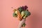 Hand holding a bouquet of vegetables on a pastel colored background, created with Generative AI technology