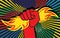 Hand holding a burning fire in a fist. Symbol of liberation and freedom. Vector dynamic cartoon illustration. Pop art