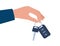 Hand Holding the Car Key. Charm of the alarm system. Vector illustration in flat style