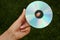 Hand holding CD in front of green bokeh background made out of grass. Technology and nature