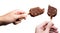 Hand holding Chocolate almonds Ice cream bite bar isolate on white background