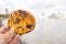 Hand Holding a Chocolate Chips Cookie with a Blurry River as Background