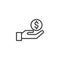 Hand holding coin outline icon