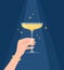 Hand holding coupe glass with sparkling wine or champagne on dark blue background. Vector illustration