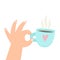 Hand holding cup with hot beverage. Coffee, tea.