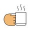 Hand holding cup with hot drink color icon