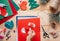 A hand holding DIY Christmas felt stocking, Christmas and New Year children& x27;s crafts